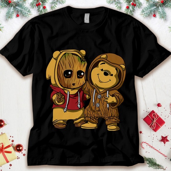 Groot And Pooh Cosplay Friends Funny Face Unisex Tee Adult T-shirt Kid Shirt - Picture 1 of 2